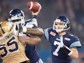 Argonauts quarterback Trevor Harris launches a pass during the first half of last night’s regular-season finale against the Winnipeg Blue Bombers. (THE CANADIAN PRESS/PHOTO)