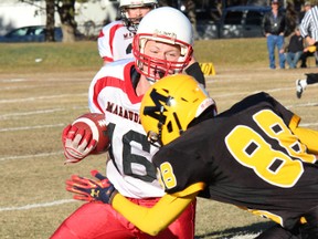 Vermilion’s Chandler Nelson tries to break a tackle during Saturday’s 43-12 win against the Fort Mac Comp. Miners. It was the fourth straight win for the Marauders, who will host Sexsmith in a Tier IV provincial quarterfinal on Saturday.