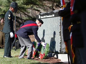 Sgt-At-Arms Ross Stephen lays a wreath on behalf of the Barrhaven Legion at the Remembrance Day ceremony held at Capital Funeral Home and Cemetery on Sunday, Nov. 8, 2015.
MATT DAY/OTTAWA SUN