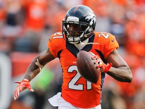 In this Sept. 13, 2015, file photo, Denver Broncos cornerback Aqib Talib scores against the Baltimore Ravens in Denver. (AP Photo/Jack Dempsey, File)