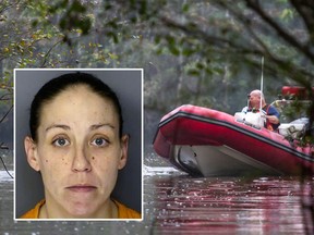 Sarah Lane Toney (inset) has been charged with homicide by child abuse after her body was found after a search of a creek by her home. (Horry County Police Department/Jason Lee/The Sun News via AP)