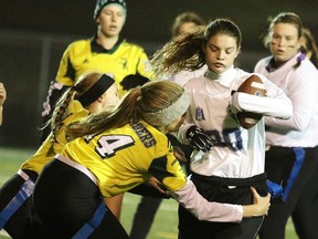 Marymount Academy's Cassidy Burton, makes a run with the ball during city championship action against the Confederation Chargers in Sudbury, Ont. on Thursday November 5, 2015.