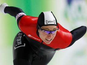 Shannon Rempel of Canada skates in the women's 1000m at the Essent ISU speed skating World Cup in Chelyabinsk on Nov. 20, 2011. (REUTERS/Grigory Dukor)