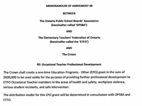 A screengrab of the page of the tentative deal with the Elementary Teachers' Federation of Ontario about a one-time grant for $600,000.