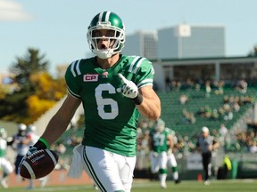 Saskatchewan Roughriders' wide receiver Rob Bagg celebrates a touchdown during first half CFL action against the Montreal Alouettes in Regina earlier this season. THE CANADIAN PRESS/Mark Taylor