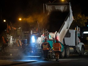 Paving crews work along 50 Street near 90A Avenue, in Edmonton Alta. on Monday Oct. 5, 2015.