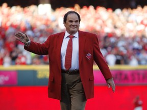 Pete Rose is honored prior to the 2015 MLB All Star Game at Great American Ball Park. Frank Victores-USA TODAY Sports