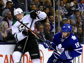 Maple Leafs' Joffrey Lupul checks Stars' John Klingberg during NHL action at the Air Canada Centre Monday, Nov. 2, 2015. (DAVE ABEL/Toronto Sun)