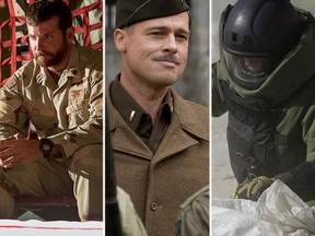 Bradley Cooper in American Sniper; Brad Pitt in Inglorious Basterds; Jeremy Renner in The Hurt Locker. (Handout photos)