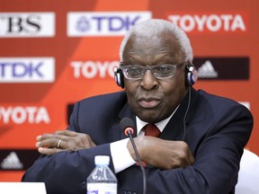 Lamine Diack, then president of the IIAF, attends a news conference in Beijing in this August 20, 2015 file photo. (REUTERS/Jason Lee/Files)