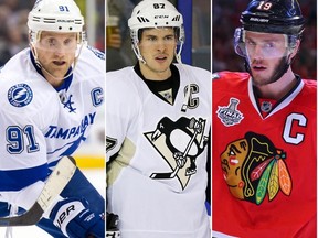 From left to right, Steven Stamkos, Sidney Crosby, Jonathan Toews and Carey Price are likely to be named as part of the first 16 players for Team Canada's World Cup of Hockey roster by March 1, 2016. (USA TODAY Sports/Files)