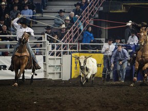 (left to right)Brett McCarroll and Justin McCarroll (Camrose, AB) during the Team Roping event at the sixth and final go round of the Canadian Finals Rodeo at Rexall Place, in Edmonton Alta., on Sunday Nov. 9, 2014. David Bloom/Edmonton Sun