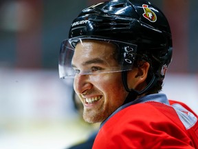 Ottawa Senators captain Mark Stone smiles during practice at the Canadian Tire Centre in Ottawa, Ont. on Friday September 25, 2015. Errol McGihon/Ottawa Sun/Postmedia Network