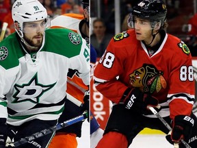 One month into the 2015-16 NHL season, Stars forward Tyler Seguin (left) and Blackhawks forward Patrick Kane (right) are on pace for 126 points. (Tom Mihalek/Nam Y. Huh/AP Photos)