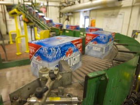 Cases of Labatt's Blue Light leave the packer and head up the conveyor belt at the plant in London, Ont. in this January 14, 2011 file photo. (MIKE HENSEN/THE LONDON FREE PRESS/Postmedia Network)