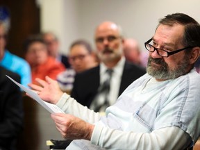Frazier Glenn Cross, 74, a former senior member of the Ku Klux Klan, talks to the Johnson County District Judge Kelly Ryan (not pictured) during his sentencing hearing in Johnson County District Court in Olathe, Kansas October 10, 2015. A judge on Tuesday denied a request for a new trial and sentenced to death the white supremacist convicted of shooting three people at two Jewish centres in Kansas last year. REUTERS/Joe Ledford/The Kansas City Star/Pool