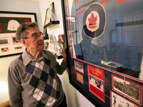 Murray Dowey, a member of the 1948 Olympic champion RCAF Flyers, with his sweater on Tuesday, November 10, 2015. (Dave Abel/Toronto Sun)