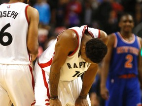 DeMar DeRozan hangs his head after missing a shot late in the game as the Raptors lose 111-109 to the Knicks at the Air Canada Centre in on Nov. 10, 2015. (Michael Peake/Toronto Sun/Postmedia Network)
