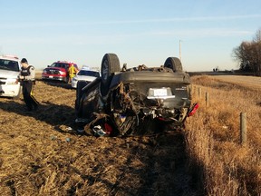 A Dodge Durango lies in the ditch after a police chase south of Sylvan Lake on Township Road 372 and Secondary Highway 781. PHOTO SUPPLIED