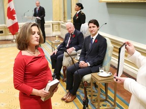 Canada's new International Trade Minister Chrystia Freeland is sworn-in during a ceremony at Rideau Hall in Ottawa November 4, 2015. REUTERS/Chris Wattie