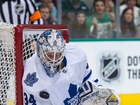 Toronto Maple Leafs goalie James Reimer stops a shot by the Dallas Stars during the second period at the American Airlines Center in Dallas on Nov. 10, 2015. (Jerome Miron/USA TODAY Sports)