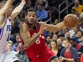 Raptors guard Cory Joseph (right) drives past 76ers guard T.J. McConnell (left) during second quarter NBA action in Philadelphia on Wednesday, Nov. 11, 2015. (Bill Streicher/USA TODAY Sports)