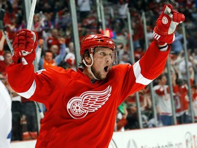 Detroit Red Wings' Justin Abdelkader celebrates his goal against the Toronto Maple Leafs at Joe Louis Arena in Detroit on Oct. 9, 2015. (AP Photo/Paul Sancya)
