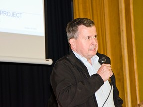 Steve Mallyon, Riversdale’s managing director addresses the audience in the MDM Centre in Bellevue on Oct. 29. John Stoesser photo/Pincher Creek Echo.