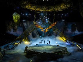 This undated image released by The Publicity Office shows a scene from Cirque du Soleil's "Toruk," inspired by James Cameron’s movie “Avatar.” The Montreal-based hyperactive circus company plans for two traveling shows, "Kurios" and "Toruk," to land in New York City next fall, as well as "Paramour" this spring specially designed for a Broadway theater. (Errisson Lawrence/The Publicity Office via AP)