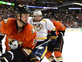 Calle Jarnkrok #19 of the Nashville Predators comes after Clayton Stoner #3 of the Anaheim Ducks during the second period at Honda Center on November 1, 2015 in Anaheim, California.   Harry How/Getty Images/AFP