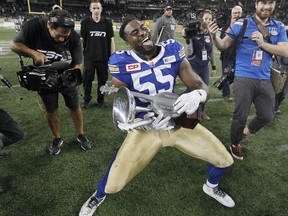 Winnipeg Blue Bombers' Jamaal Westerman is the West Division nominee for the CFL's most outstanding Canadian award. (THE CANADIAN PRESS/John Woods file photo)