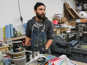 Vincent Perez, owner of Everlovin Press in Kingston, works with classic printing presses, inks and tools to help create custom designs and printed work, including the recent The Canadianist collection. (Julia McKay/The Whig-Standard)