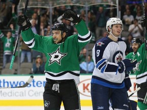 Colton Sceviour #22 of the Dallas Stars celebrates a goal against the Winnipeg Jets in the first period at American Airlines Center.