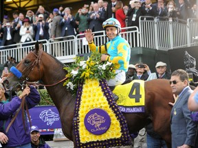 Jockey Victor Espinoza smiles aboard American Pharoah, which won the Breeders' Cup Classic at Keeneland Racecourse on Oct. 31, 2015 in Lexington, Ky. (DIANE BONDAREFF/AP files)