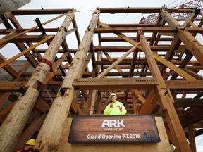 Ken Ham, co-founder and president of Answers in Genesis, the group that is building Ark Encounter, addresses the media during a press conference on Thursday morning, Nov. 12, 2015, in Williamstown, Ky.  Construction of a Noah's Ark attraction in northern Kentucky is sailing along, and the builders say it will open next year. (Michael Clevenger/The Courier-Journal via AP)