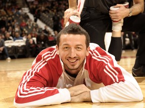 Hedo Turkoglu of the Toronto Raptors stretches before a game against the Milwaukee Bucks at the Air Canada Centre in Toronto on Jan. 22, 2010. (Ron Turenne/NBAE via Getty Images/AFP)