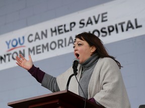 EMILY MOUNTNEY-LESSARD/THE INTELLIGENCER
Natalie Mehra, executive director of the Ontario Health Coalition, speaks during an Our TMH Rally on Friday in Trenton. Hundreds of people attended the rally.