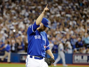 Marco Estrada of the Toronto Blue Jays leaves the game against the Kansas City Royals during Game 5 of the American League Championship Series at the Rogers Centre in Toronto on Oct. 21, 2015. (Craig Robertson/Toronto Sun/Postmedia Network)