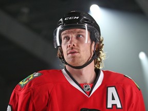 Duncan Keith of the Chicago Blackhawks participates in on-ice activities while waiting for TV interviews during the 2015 NHL Player Media Tour at the Mastercard Centre September 8, 2015 in Toronto. (Claus Andersen/NHLPA via Getty Images/AFP)