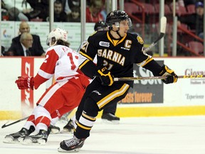 Former Sarnia Sting centre Daniel Nikandrov's four-plus year run with the Ontario Hockey League team came to an end Thursday as he was traded to the Peterborough Petes for a pair of draft picks. The deal means the team is also in search of a new captain as Nikandrov received the role Sept. 24. (Terry Bridge, Sarnia Observer)