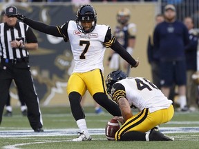 Hamilton Tiger-Cats kicker Justin Medlock is fully aware the wind could play a big factor in the outcome of Sunday’s game. (THE CANADIAN PRESS/PHOTO)