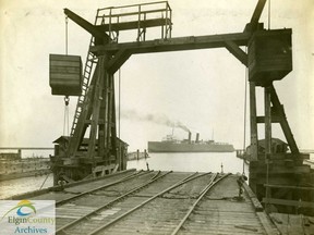 London & Port Stanley Railway slip dock, November, 1916, looking south with the car ferry Marquette and Bessemer 2 (II) in the background waiting to enter the harbour. This photograph is part of the Mills Collection, courtesy of the Elgin County Archives. Anyone with information on this photograph or to purchase a reprint, please call 519-631-1460 ext. 154.