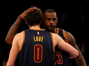 LeBron James and Kevin Love of the Cleveland Cavaliers celebrate the win over the New York Knicks at Madison Square Garden in New York on Nov. 13, 2015. (Elsa/Getty Images/AFP)
