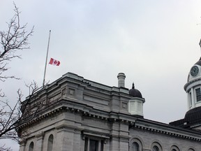 In the wake of the Paris terrorist attacks flags at city hall were at half-mast  in Kingston, Ont. on Saturday November 14, 2015. Steph Crosier/Kingston Whig-Standard/Postmedia Network