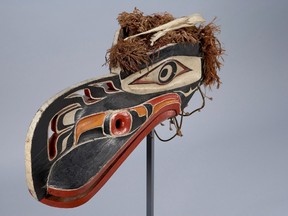 This ceremonial raven mask was created by Charlie George Sr. in 1899. The Kwakiutl dancers of Kingcome Inlet on the west coast of British Columbia wore this mask to invoke the spiritual powers of the bird such as intelligence and trickery. Kyla Bailey/courtesy of the UBC Museum of Anthropology