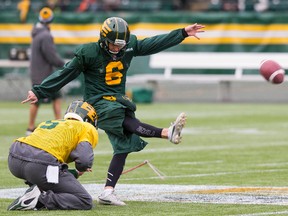 Edmonton's Sean Whyte (6) kicks the ball during an Edmonton Eskimos team scrimmage at Commonwealth Stadium in Edmonton, Alta., on Saturday November 14, 2015. The Eskimos play in the Western Final on Nov. 22. Ian Kucerak/Edmonton Sun/Postmedia Network