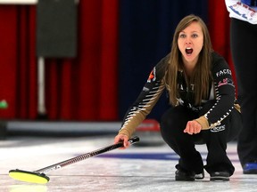 Team Homan skip Rachel Homan during the Finals against Team Carey at the 38th Annual Curlers Corner Autumn Gold Curling Classic at the Calgary Curling Club in Calgary on Monday, October 12, 2015. (Darren Makowichuk/Calgary Sun/Postmedia Network)