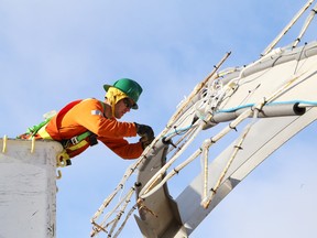 Nathan Kelly, a Cambrian College powerline technician co-op student with Greater Sudbury Hydro, fastens lights to a display during the installation of the Festival of Lights on the grounds of Science North in Sudbury, Ont. on Saturday November 14, 2015. John Lappa/Sudbury Star/Postmedia Network