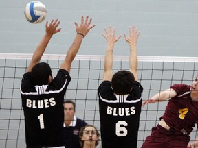 Regiopolis-Notre Dame Panthers’ Andrew Borschneck spikes past the Kingston Blues Mateo Delgado and Jacob Eby during the Kingston Area Secondary Schools Athletic Association senior boys volleyball championship at the Queen’s Athletics and Recreation Centre on Sunday. Regiopolis-Notre Dame won in straights sets.
Steph Crosier/The Whig-Standard