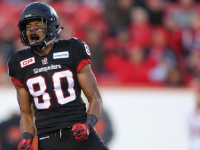 Calgary Stampeders Eric Rogers celebrates after a first down catch against the BC Lions during the CFL West semifinal in Calgary, Alta. on Sunday November 15, 2015. Al Charest/Calgary Sun/Postmedia Network